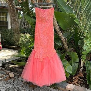 Alyce  designs, strapless beaded floral tulle trumpet gown